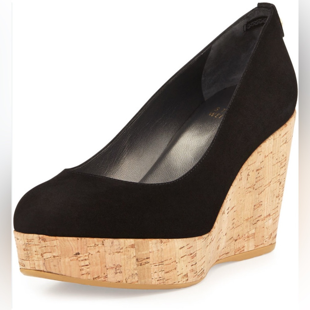 Stuart Weitzman Corkswoon Suede Wedge Sole Black Pumps, Size 6 1/2 M